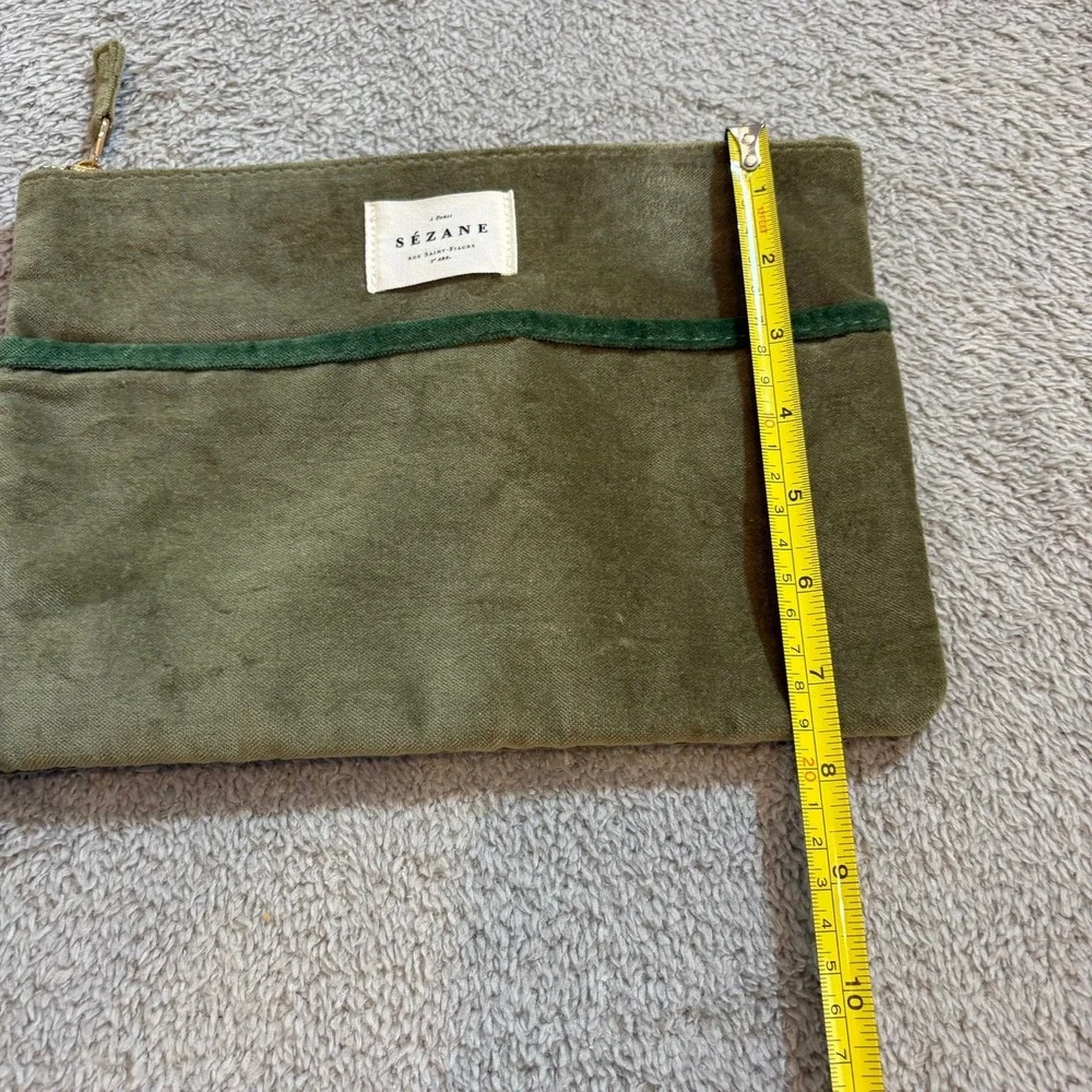 Sezane Olive Green Cotton Velvet Zippered Pouch Makeup Bag Clutch Travel - Picture 6 of 10